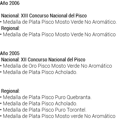 Año 2006  Nacional: XIII Concurso Nacional del Pisco • Medalla de Plata Pisco Mosto Verde No Aromático.  Regional: • Medalla de Plata Pisco Mosto Verde No Aromático Año 2005  Nacional: XII Concurso Nacional del Pisco • Medalla de Oro Pisco Mosto Verde No Aromático • Medalla de Plata Pisco Acholado.  Regional: • Medalla de Plata Pisco Puro Quebranta. • Medalla de Plata Pisco Acholado. • Medalla de Plata Pisco Puro Torontel. • Medalla de Plata Pisco Mosto verde No Aromático 